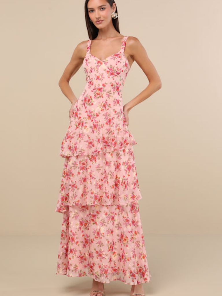 Lulus Laurette Pink Floral Tiered Sleeveless Maxi Dress - Size S
